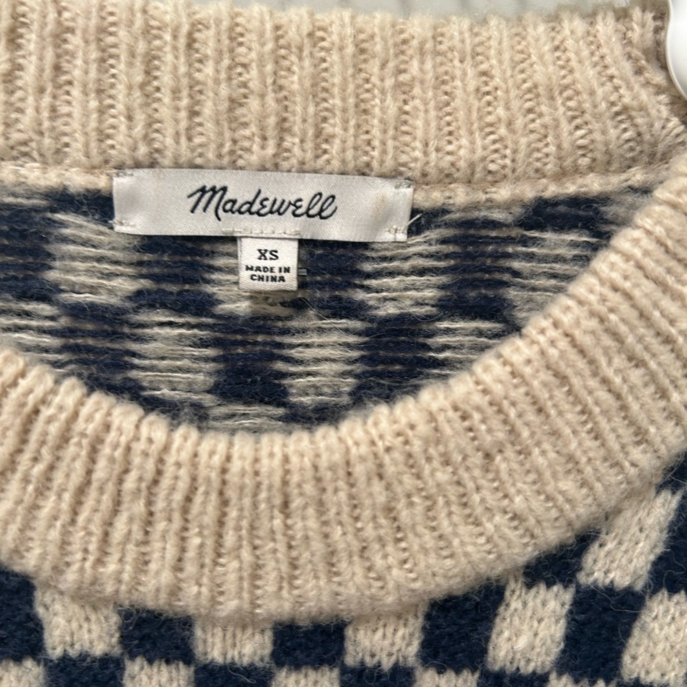 Madewell Navy and Cream Checkerboard Crewneck Sweater Alpaca blend. EUC XS - Picture 6 of 7